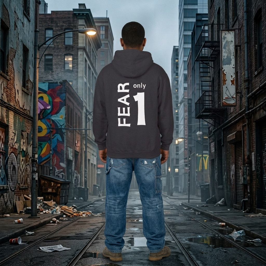 A man viewed from behind wearing a dark gray hoodie with 'FEAR only 1' printed in white on the back, standing on a city street with graffiti-covered buildings and wet tracks. muslim gymwear street wear apparel faith brand premium