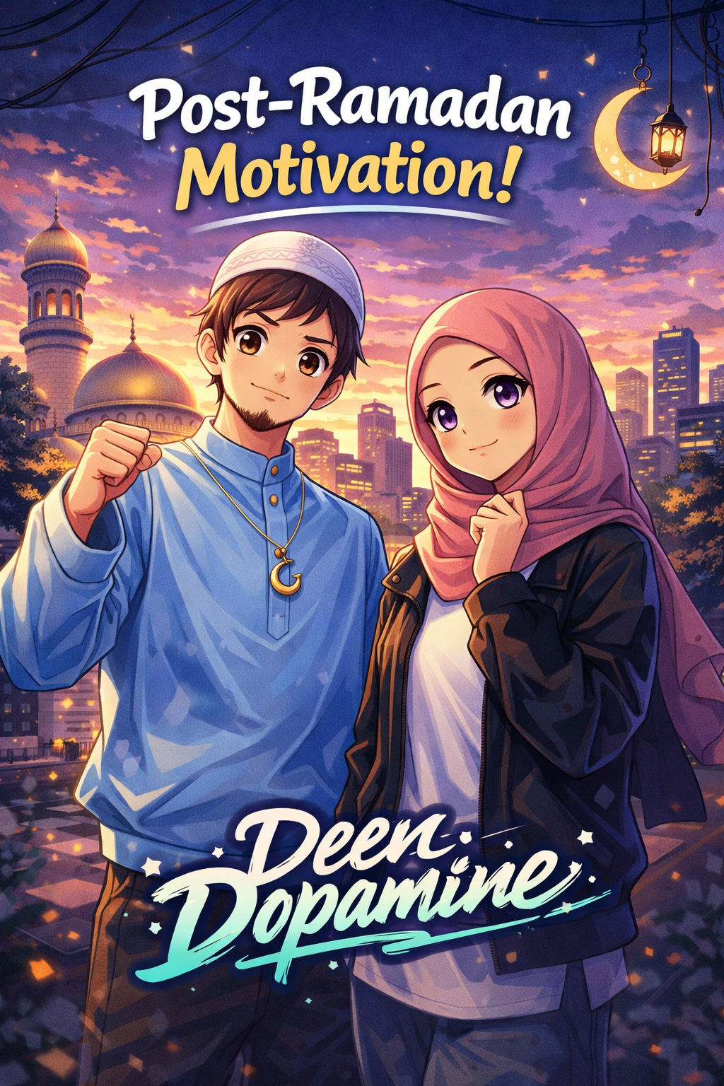 Two trendy youthful muslims showing a strong stance, infront of a beautiful city background. Post Ramadan Motivation.