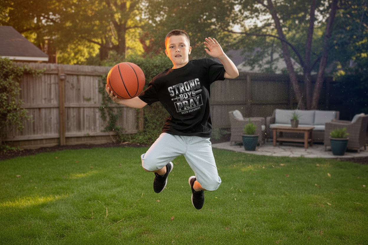 Young Muslim boy wearing Strong Boys Pray black kids t-shirt — Deen Dopamine Islamic faith apparel