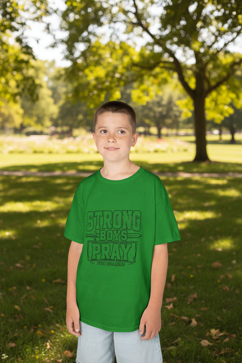 Strong Boys Pray kids t-shirt in Irish Green — Islamic youth faith apparel by Deen Dopamine