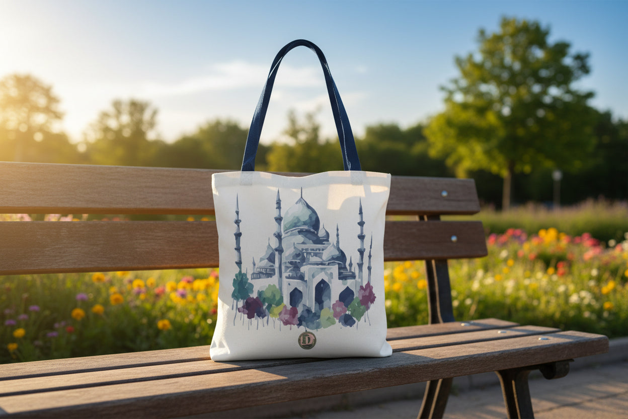A white canvas tote bag with dark navy blue shoulder straps, featuring a watercolor-style illustration of a domed mosque with minarets and colorful foliage at the base.