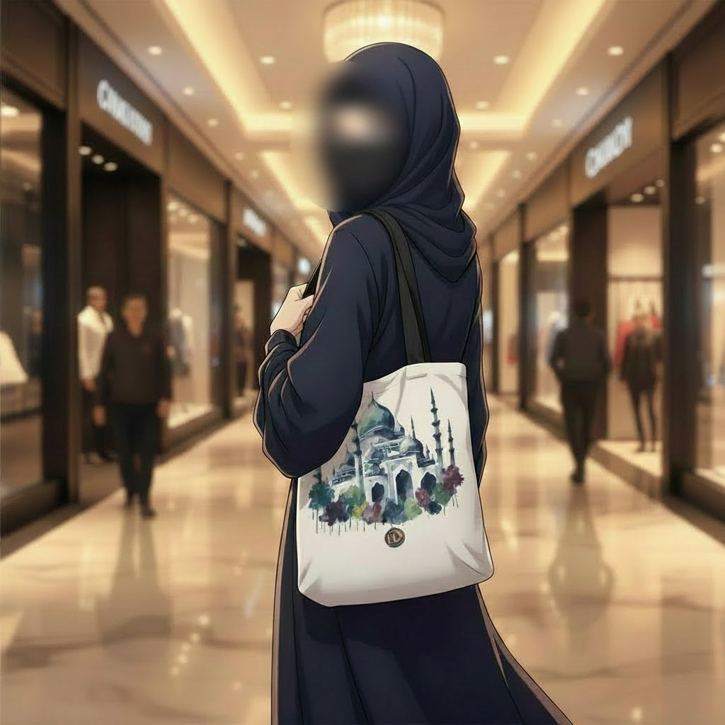 A muslimah wearing an olive green hoodie and dark pants is shown from the back and side, carrying a white canvas tote bag over her shoulder. The tote bag features a watercolor-style illustration of a domed mosque with blue, purple, and green floral accents, and a small circular gold emblem near the bottom. Background is a glossy mall.