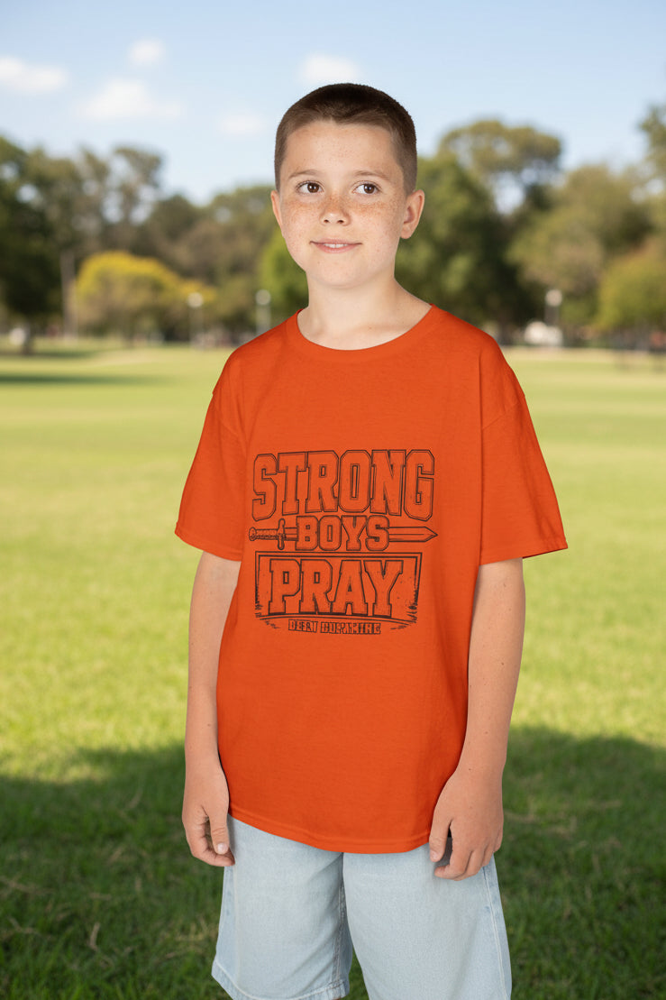Strong Boys Pray kids t-shirt in Orange — Islamic youth faith apparel by Deen Dopamine