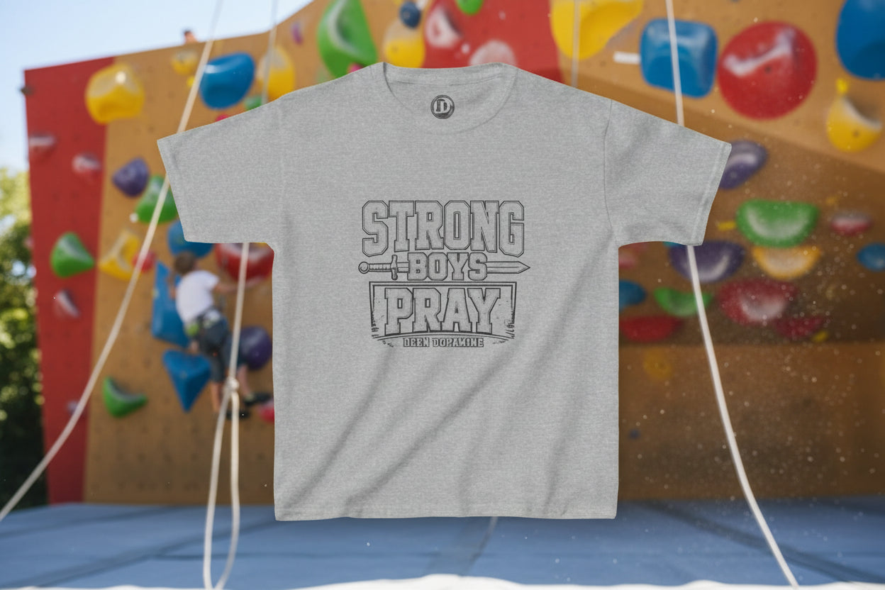 Strong Boys Pray kids t-shirt in Sport Grey — Islamic youth faith apparel by Deen Dopamine
