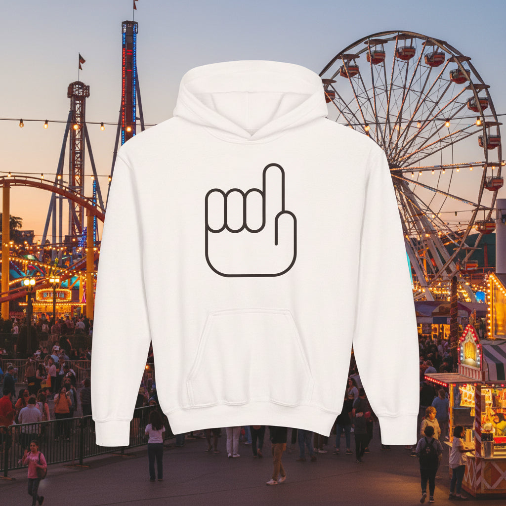 A white pullover hoodie with a black outline graphic of a hand gesture on the chest, displayed against a solid white background.