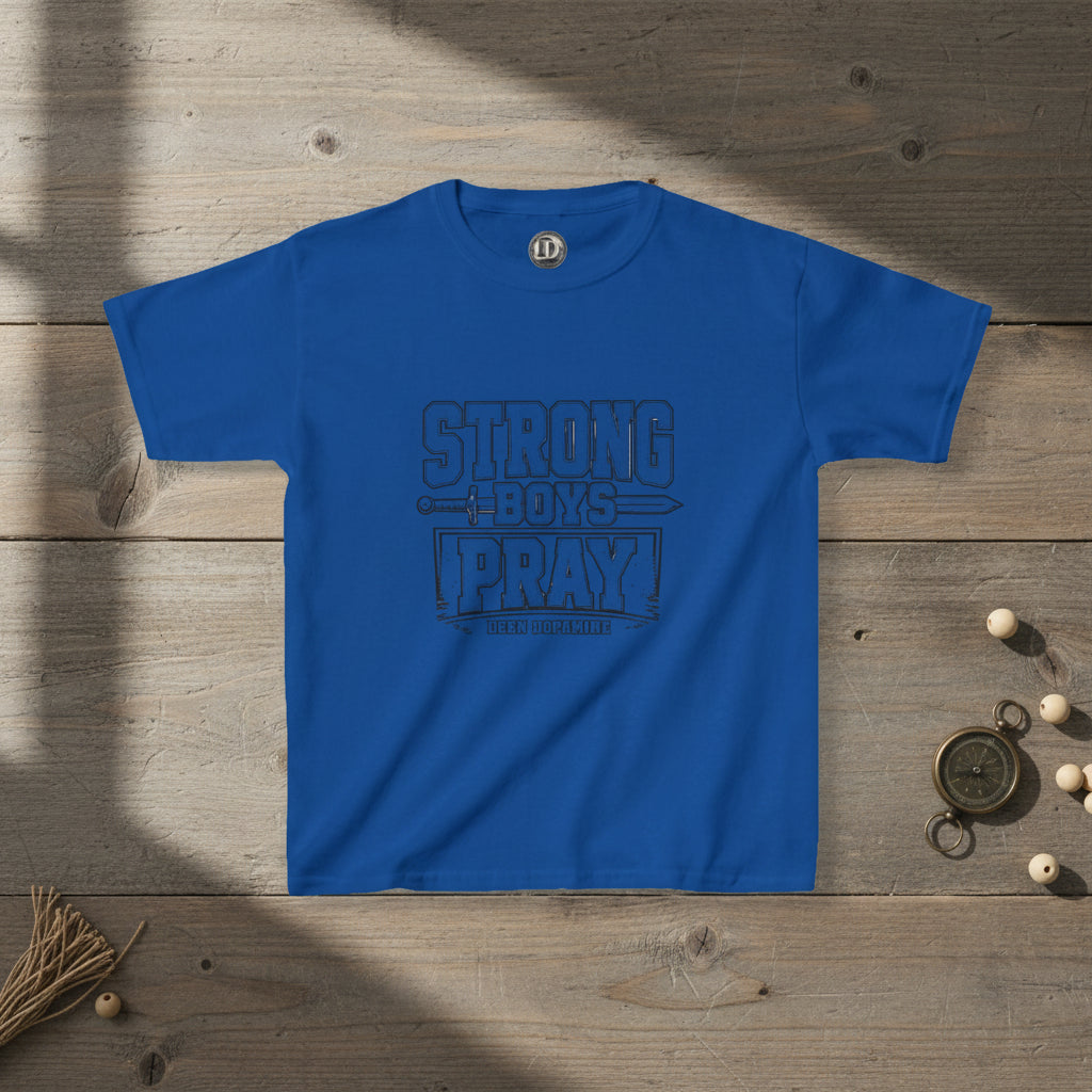 Strong Boys Pray kids t-shirt in Royal Blue — Islamic youth faith apparel by Deen Dopamine