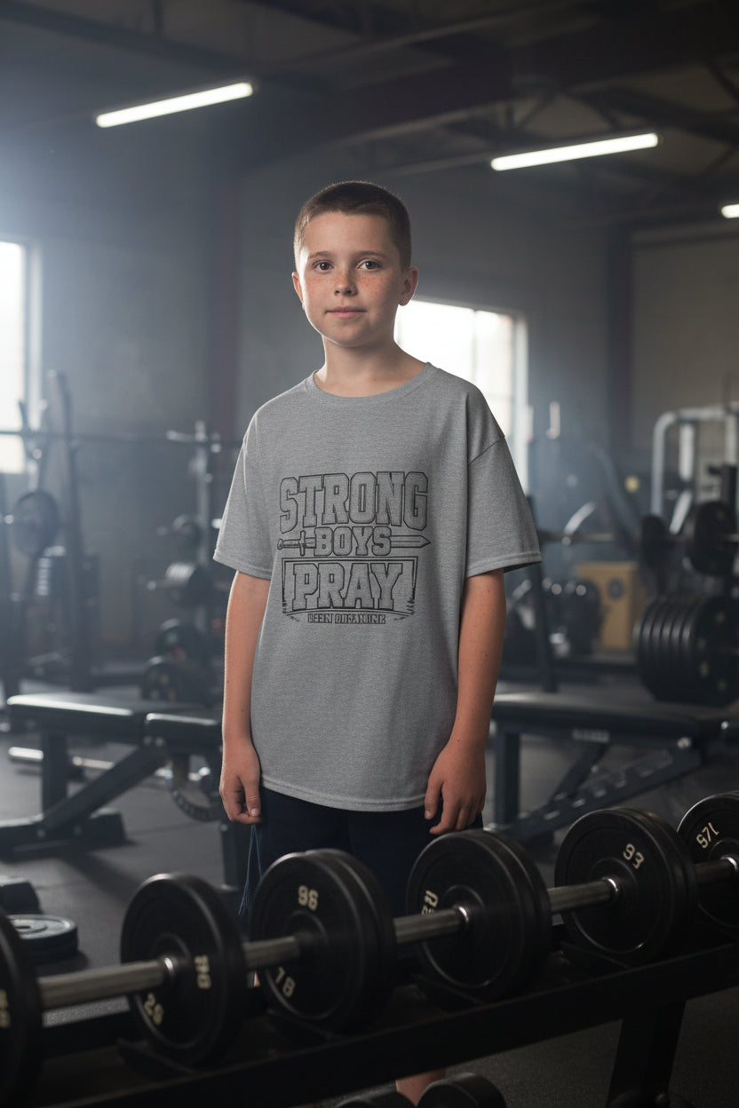 Strong Boys Pray kids t-shirt in Sport Grey — Islamic youth faith apparel by Deen Dopamine