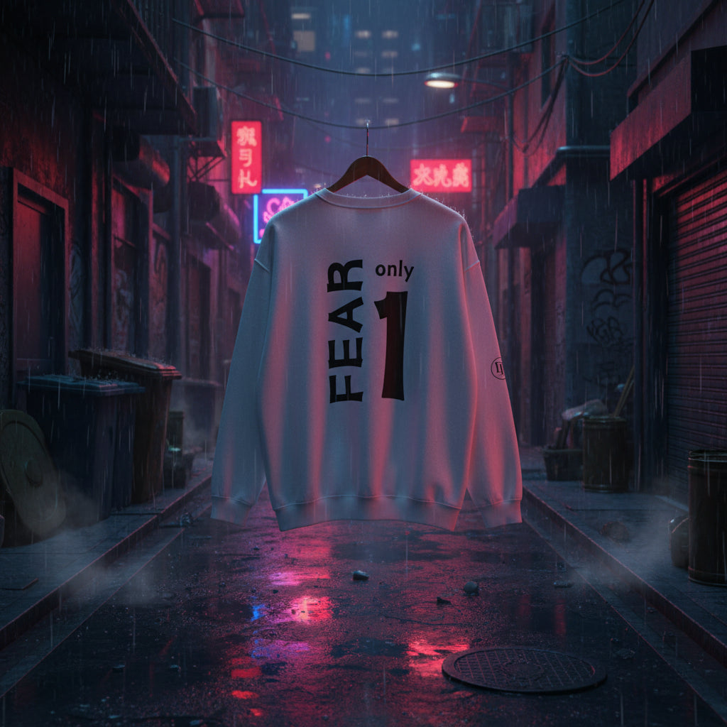 White crewneck sweatshirt shown from the back, featuring a bold black graphic print that reads 'FEAR only 1' on the back, with a small circular logo on the left sleeve.
