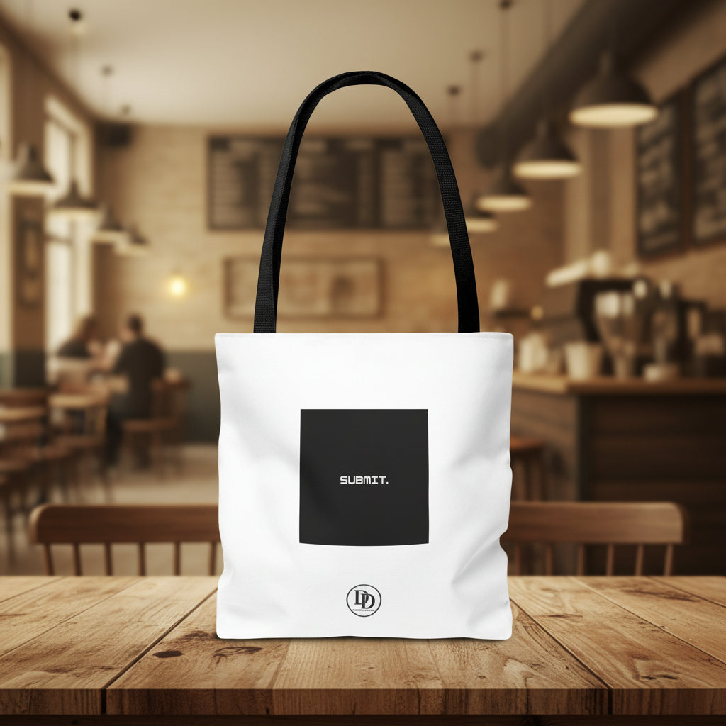 A white canvas tote bag with black shoulder straps, featuring a black square patch on the front with the word 'SUBMIT' in white, and a small circular logo below it.