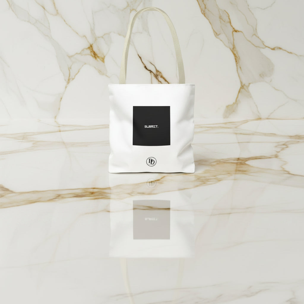 A white canvas tote bag with light beige shoulder straps, featuring a black square graphic on the front with the word 'SUBMIT.' in white, and a small circular logo below it. MUSLIMAH TOTE BAG.