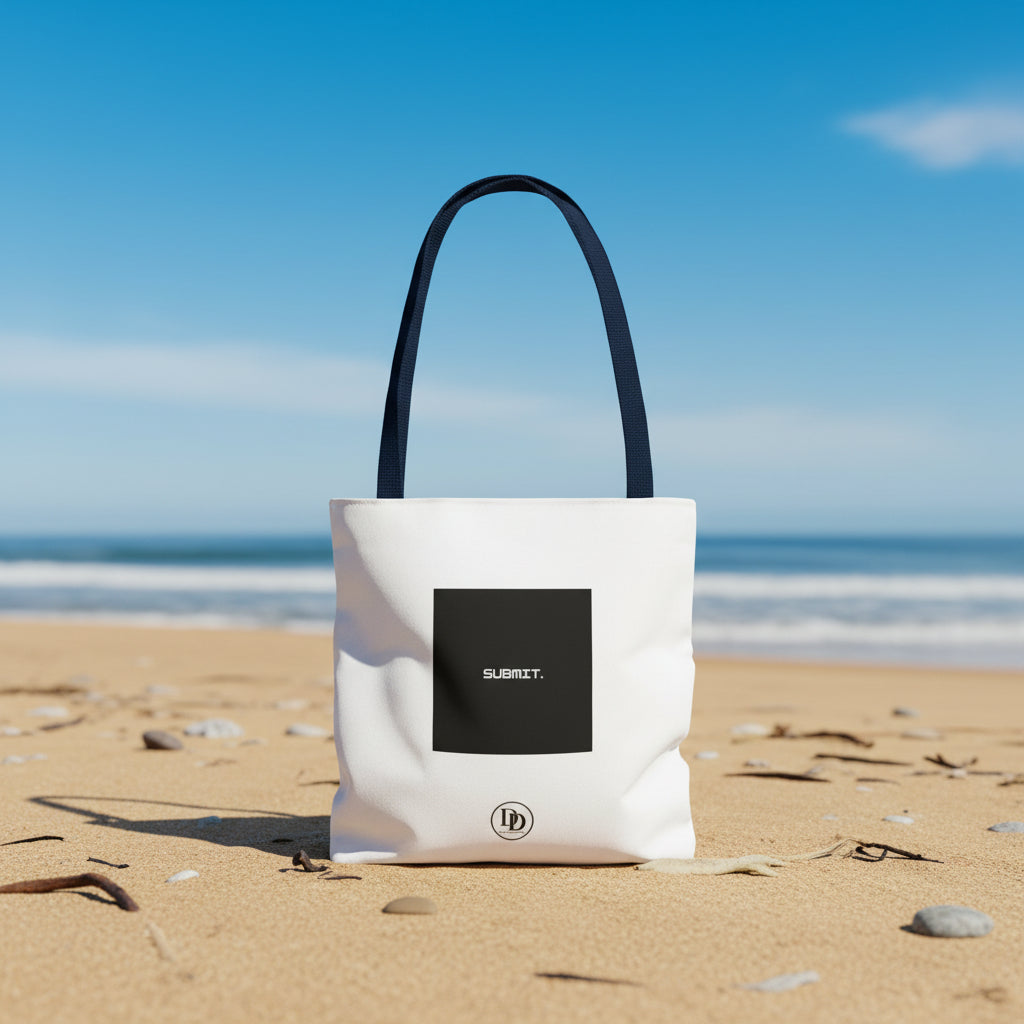 A white canvas tote bag with dark navy blue shoulder straps, featuring a black square patch on the front with the word 'SUBMIT.' in white, and a small circular logo below it. Muslimah tote bag.