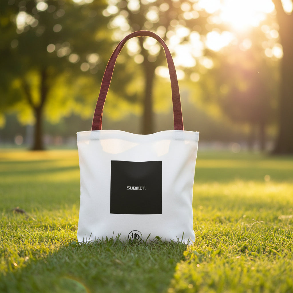 A white canvas tote bag with dark red shoulder straps, featuring a black square patch on the front with the word 'SUBMIT' in white, and a small circular logo below it. Muslimah tote bag