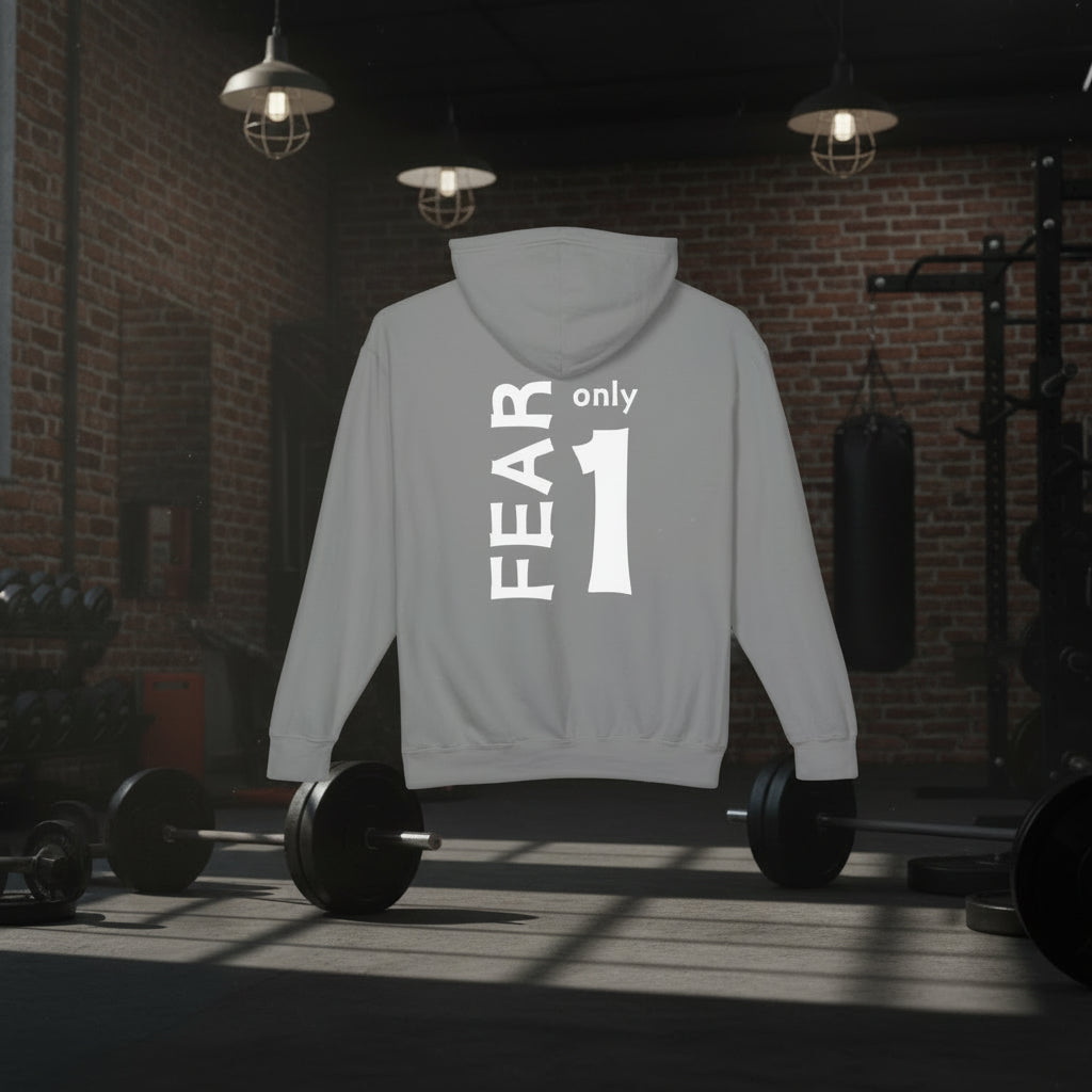 A gray pullover hoodie shown from the back, featuring a bold white graphic print that reads 'FEAR only 1'.