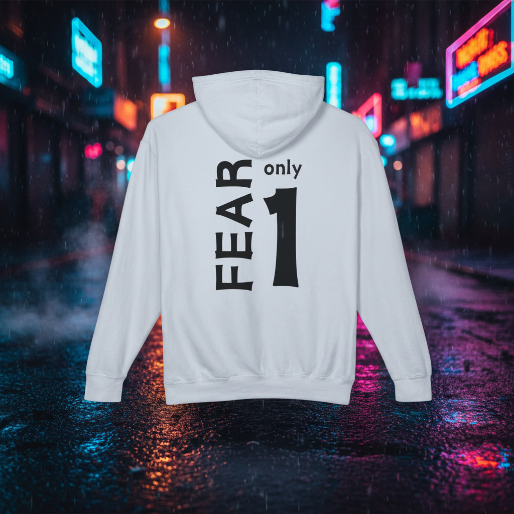 A white pullover hoodie shown from the back, featuring a bold black graphic print that reads 'FEAR only 1'.
