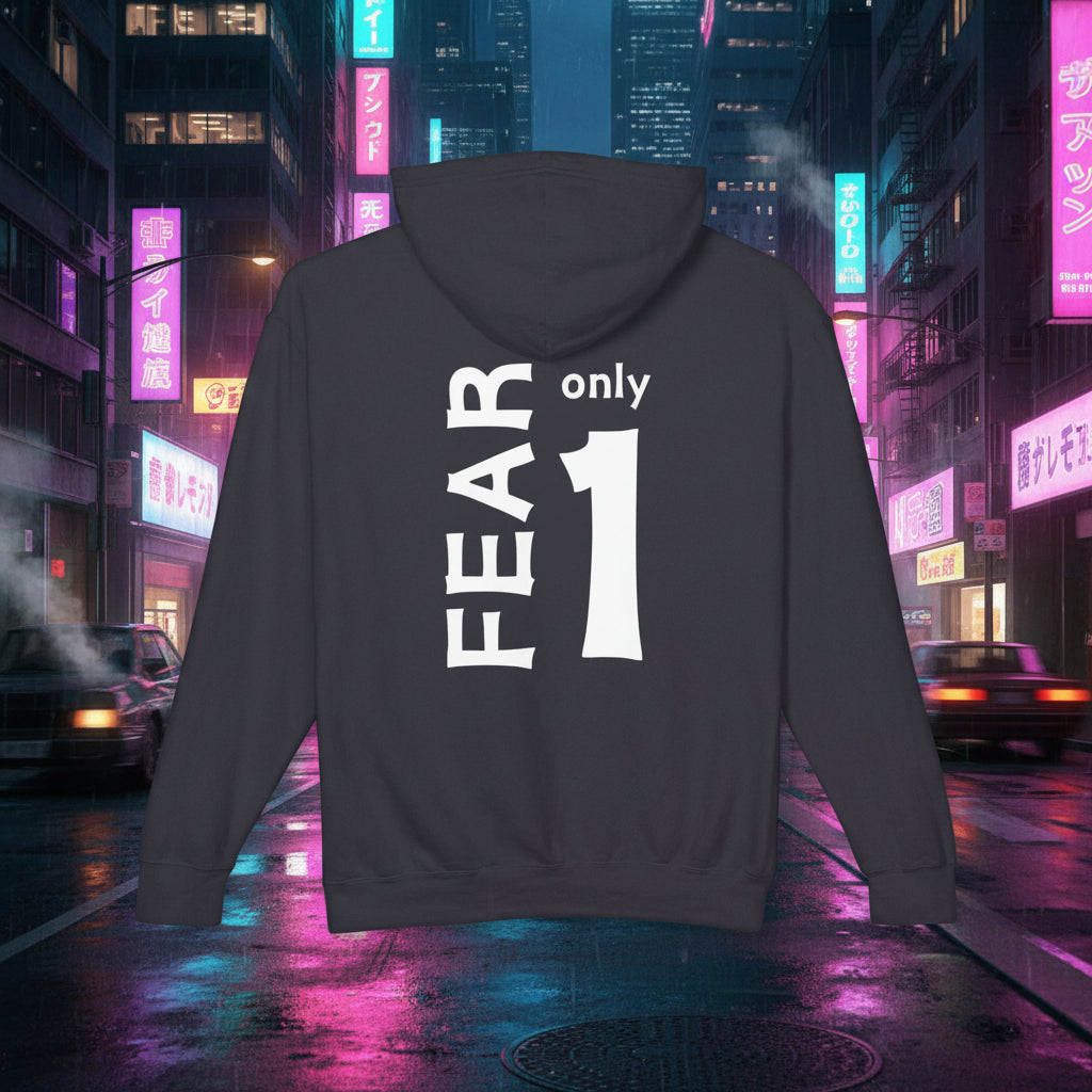 A dark navy blue hoodie shown from the back, featuring a bold white graphic print that reads 'FEAR only 1'.