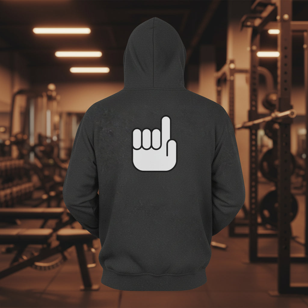 Black hoodie with text on the chest against gym background premium gangster muslim faith apparel
