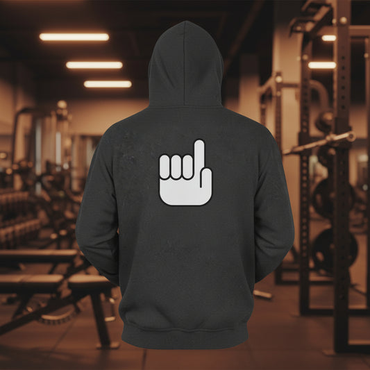 Black hoodie with text on the chest against gym background premium gangster muslim faith apparel
