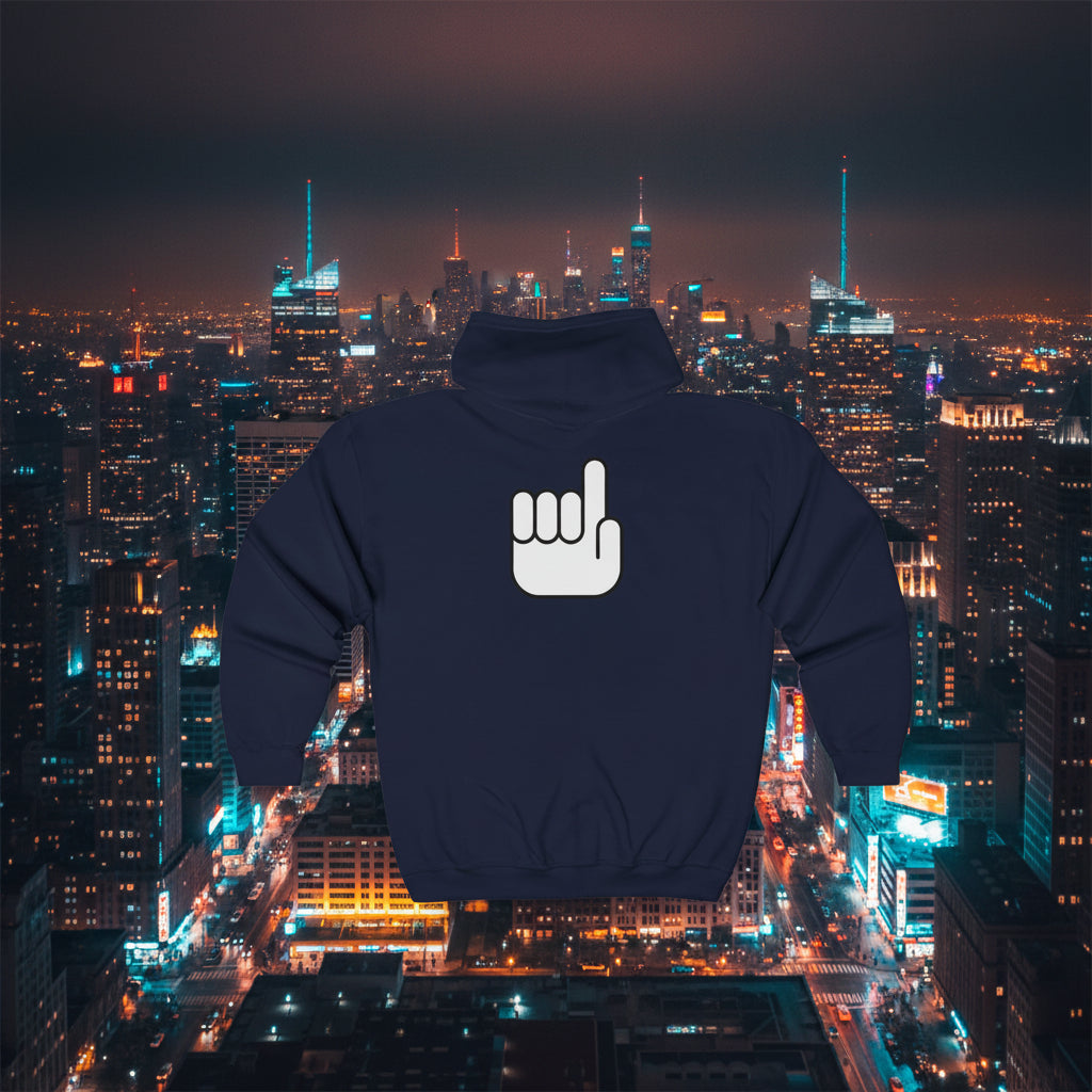 A navy blue pullover hoodie shown from the back, featuring a large white hand graphic with the middle finger printed on the center back. muslim faith apparel hoodie hoody islamic tawhid 