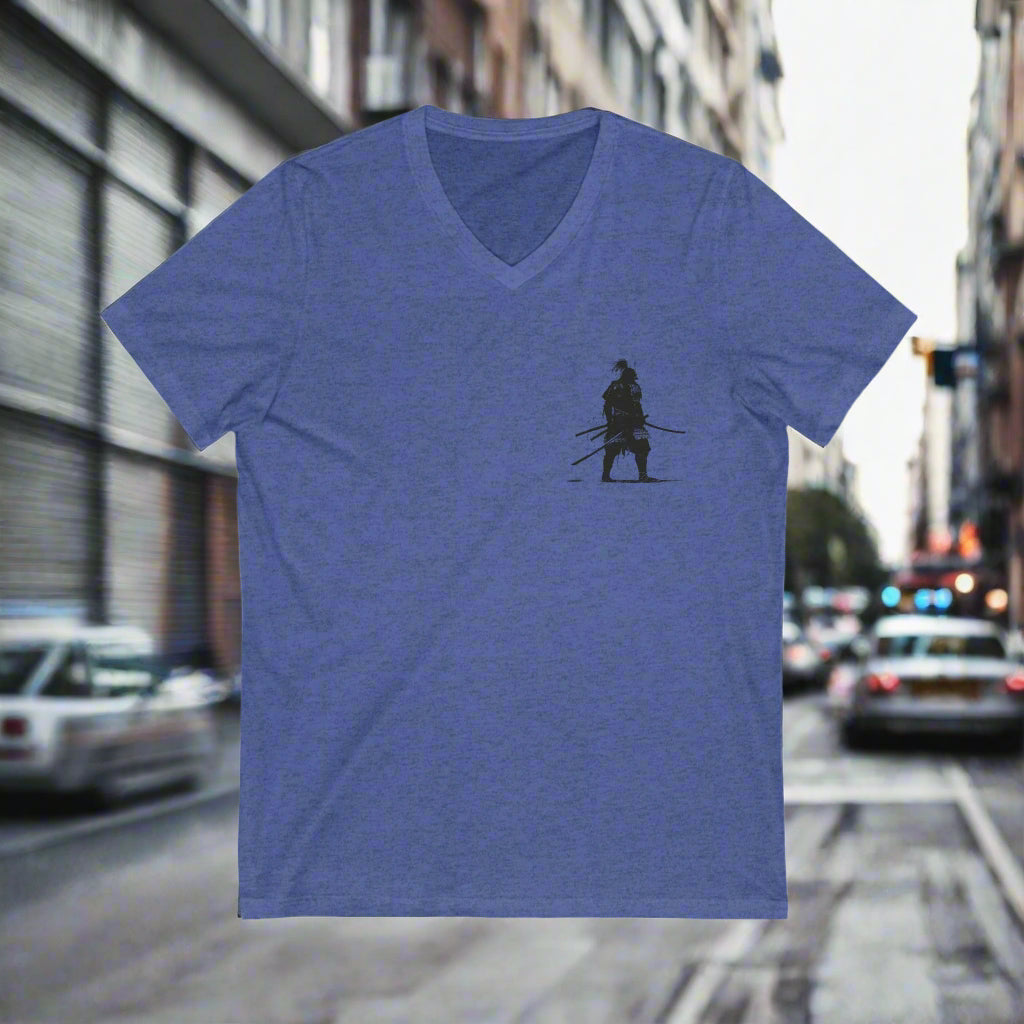 Blue Red Warrior Spirit Unisex V-Neck Tee -  Samarai Fighter Bold Design for Adventurers