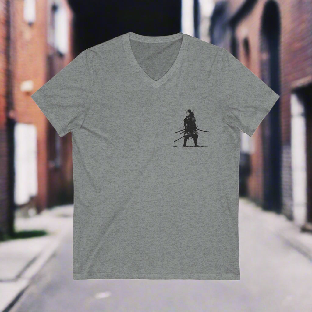 dark grey Red Warrior Spirit Unisex V-Neck Tee -  Samarai Fighter Bold Design for Adventurers