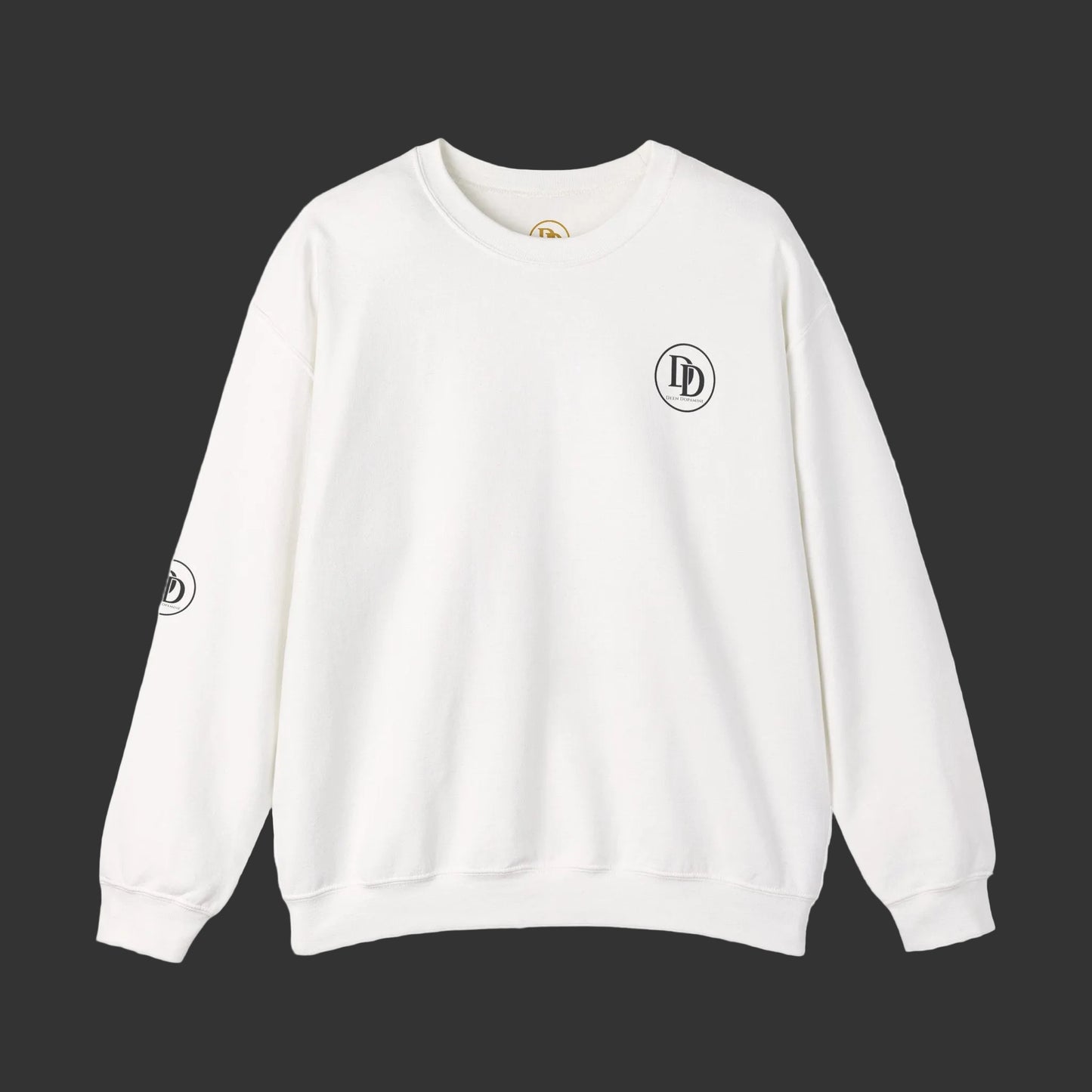 An off-white crewneck sweatshirt with a black circular 'DB' logo on the left chest and a smaller matching logo on the right sleeve, displayed on a clean white background.