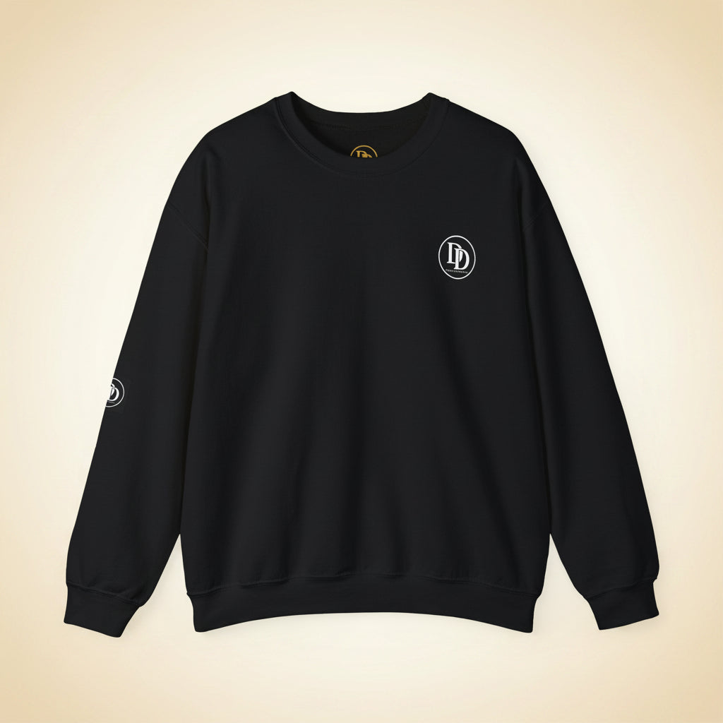 Black sweatshirt with a small white logo on the chest against a white background