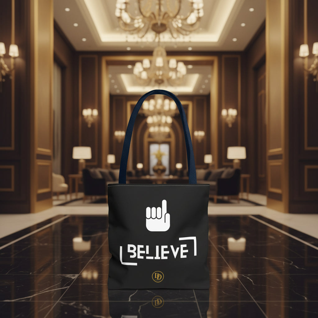 A black tote bag with dark navy blue shoulder straps, featuring a white hand graphic and the word 'BELIEVE' printed on the front, with a small gold circular 'DD' logo at the bottom. Muslimah tote bag.