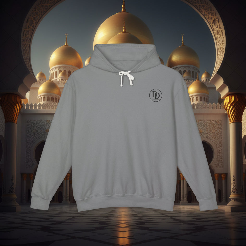 Gray hoodie with white text on a white background