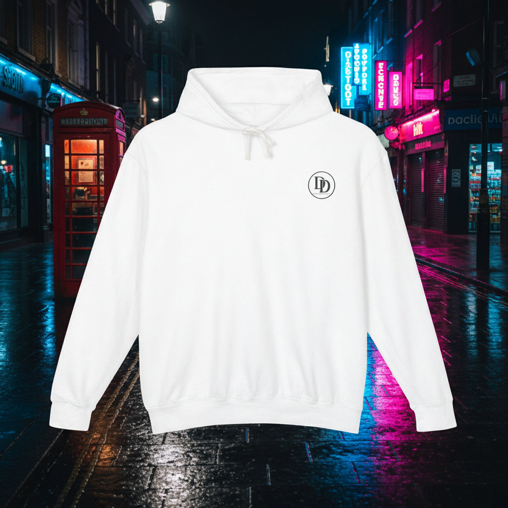 A white pullover hoodie with a small black circular 'DD' logo printed on the left chest, displayed on a clean white background.