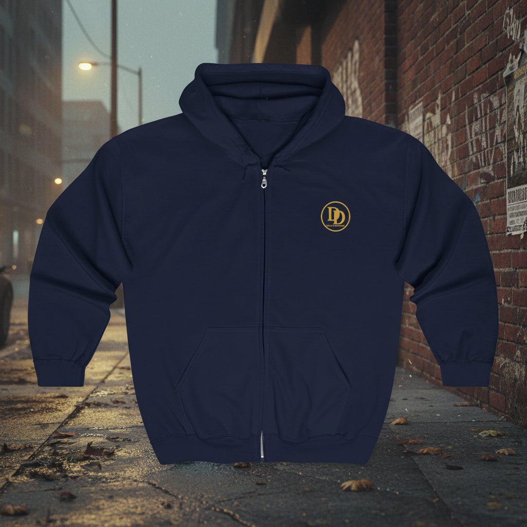 A navy blue zip-up hoodie with a small gold circular 'DP' logo on the left chest, displayed on a clean white background.