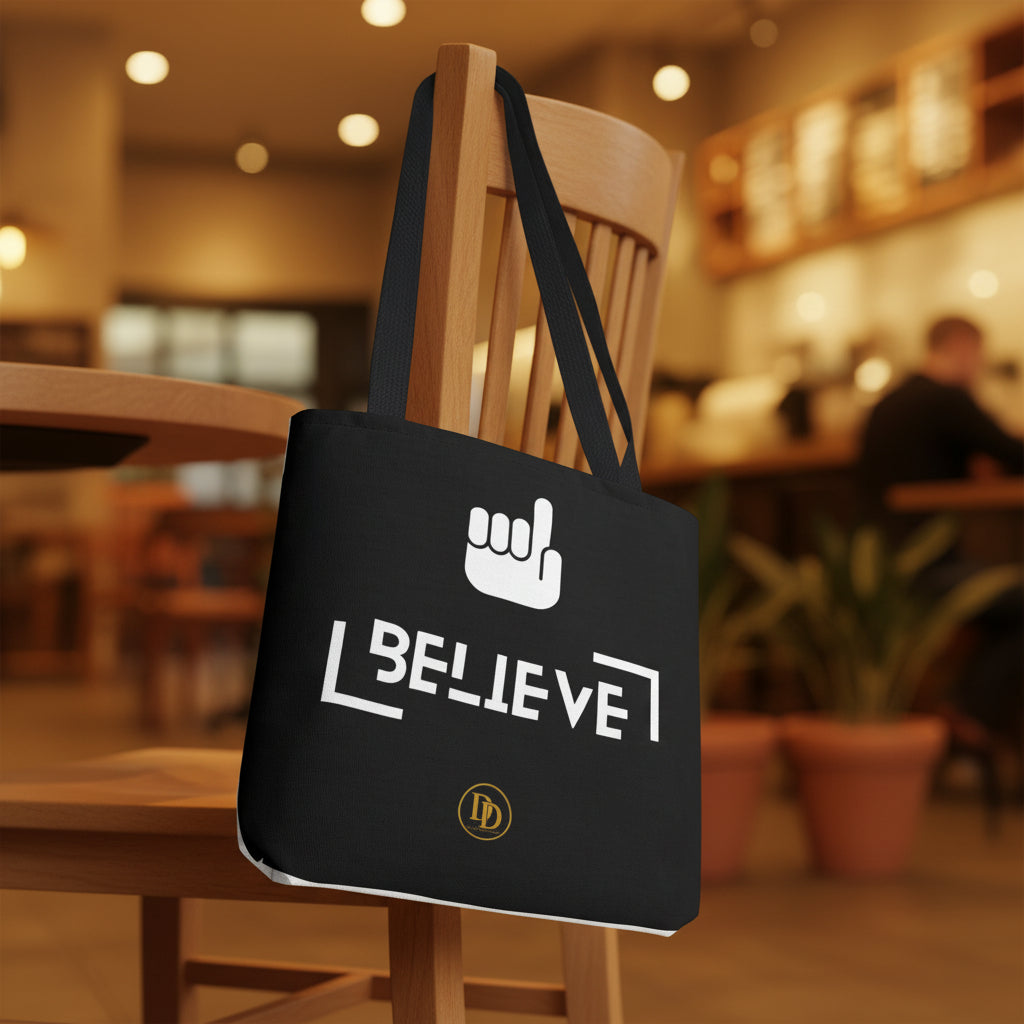 A black canvas tote bag with white text reading 'BELIEVE' and a white hand gesture graphic, hanging against a gray wall on a white background.