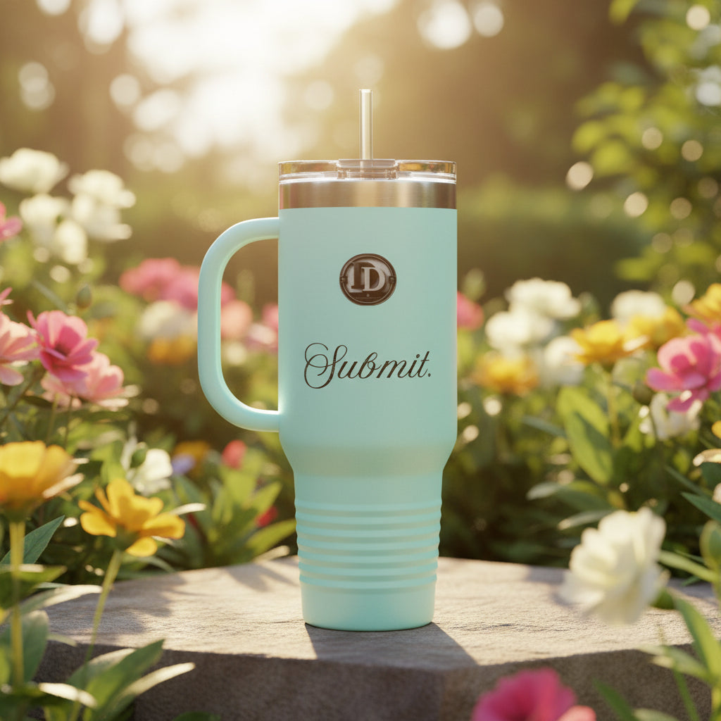 A mint green insulated travel tumbler with a handle, clear lid, and straw, featuring a circular 'ID' logo and the word 'Submit.' in black script on the front, shown on a white background. Premium niche custom muslim islamic faith stanley cup