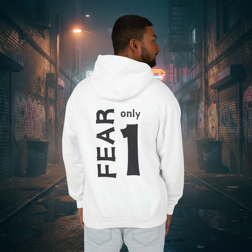 A man wearing a white hoodie from the back, featuring the text 'FEAR only 1' printed in black on the back, set against a plain white background. Faith islamic muslim hoodie