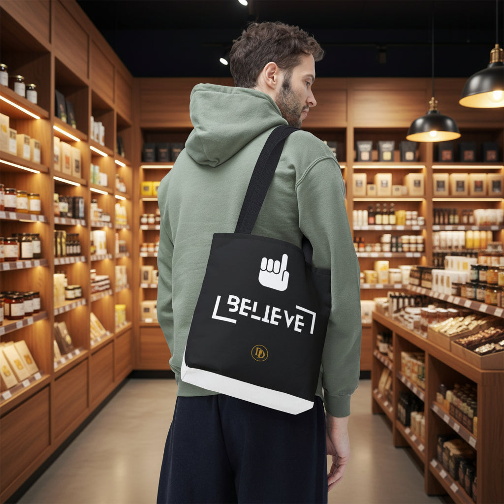 A man wearing an olive green hoodie and dark pants is shown from the back, carrying a black canvas tote bag over his shoulder. The bag features a white graphic of a hand with the word 'BELIEVE' and a small circular 'kd' logo.