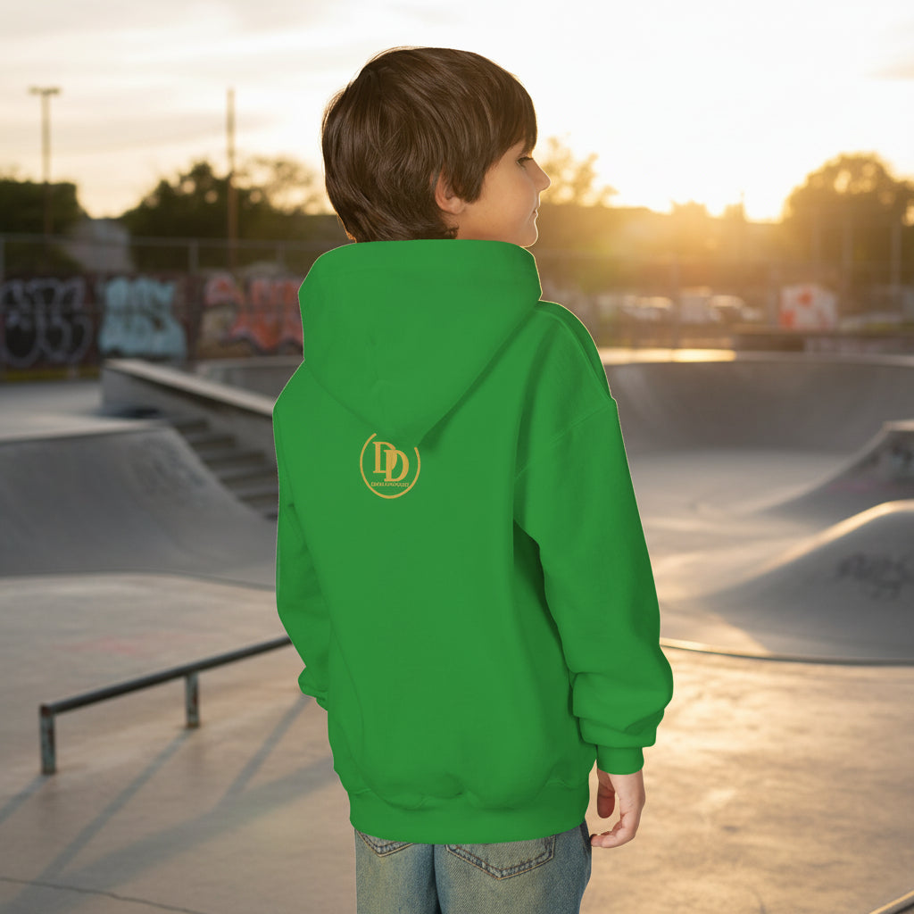 Child wearing a green hoodie with a logo on the back against a white background