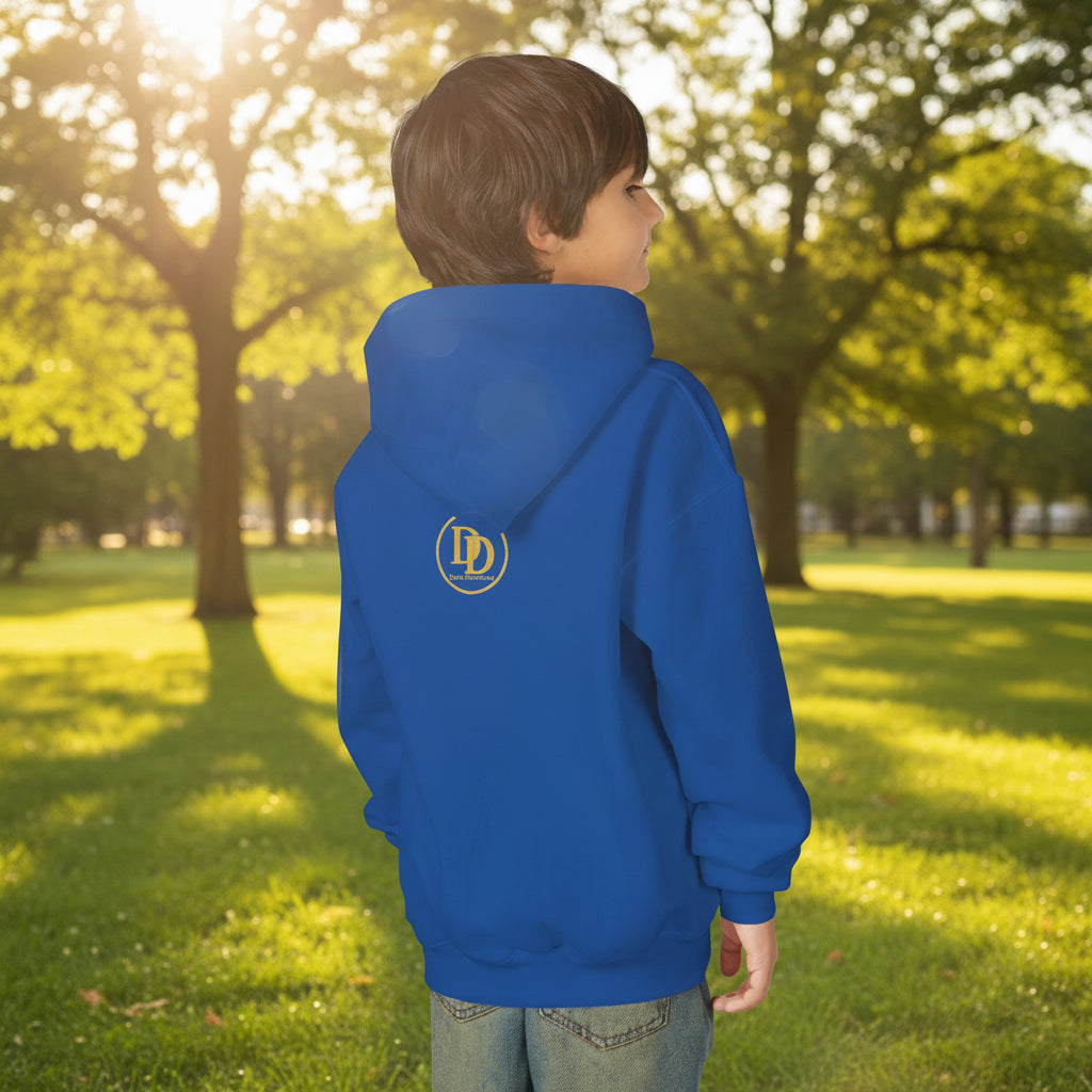 Child wearing a blue hoodie with a logo on the back against a white background