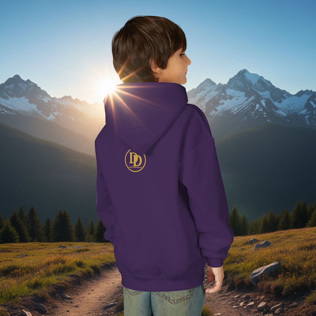 A child model shown from the back wearing a purple pullover hoodie with a gold circular 'DD' logo on the upper back, paired with blue jeans against a plain white background.