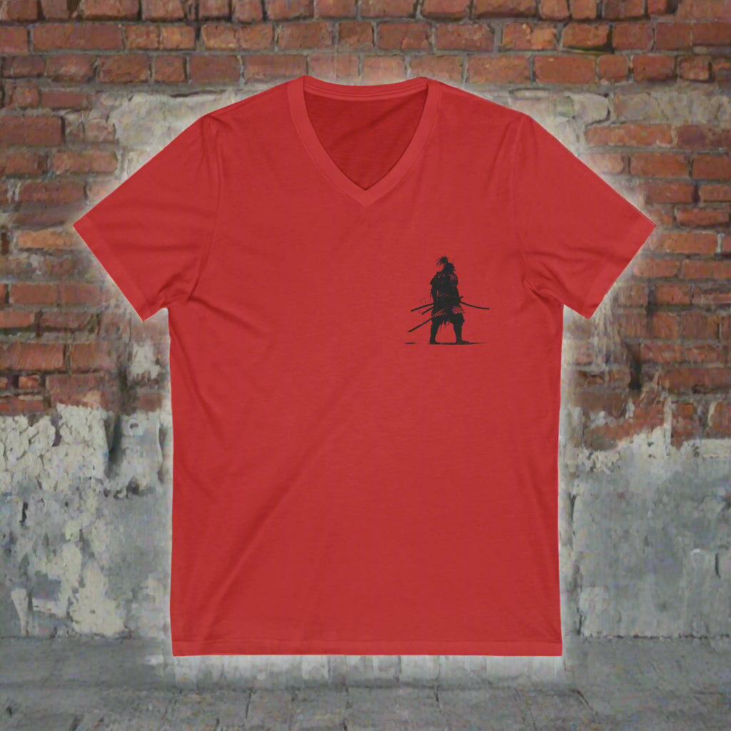 Red Warrior Spirit Unisex V-Neck Tee -  Samarai Fighter Bold Design for Adventurers
