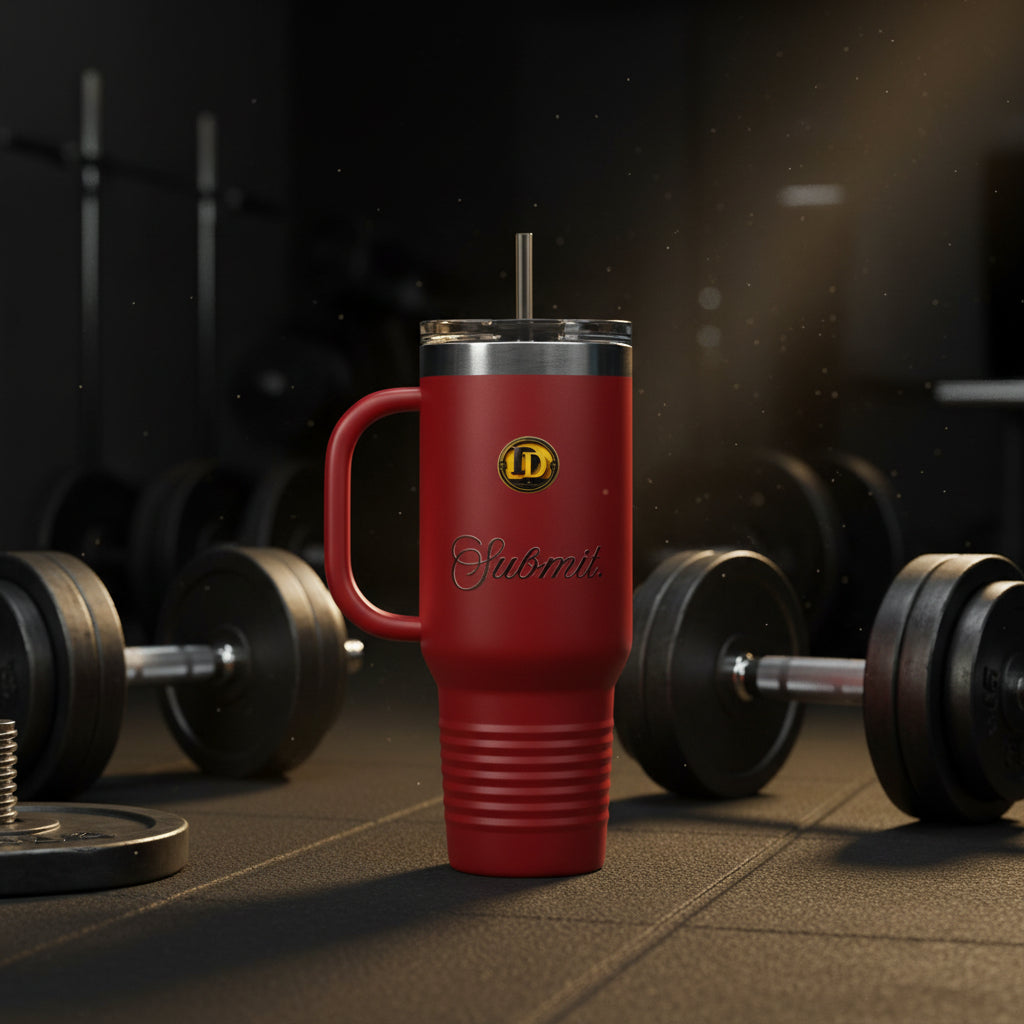 Red travel mug with handle and straw lid on a gym background muslim islam faith stanley cup premium niche 