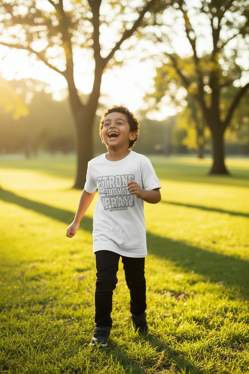 Strong Boys Pray — White Tee Park Boy 2